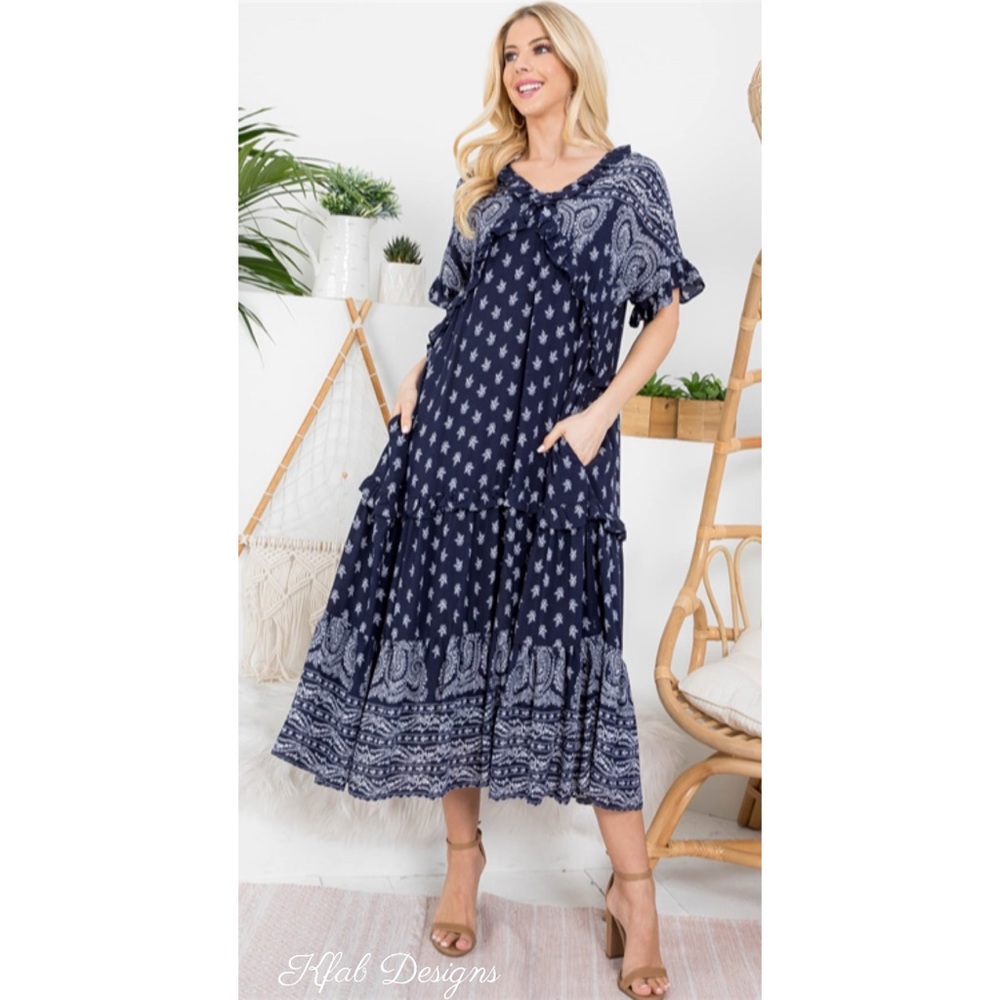 ❤️LAST 1! Navy Paisley Border Print Fully Lined Midi Pocket Dress! - Picture 4 of 6